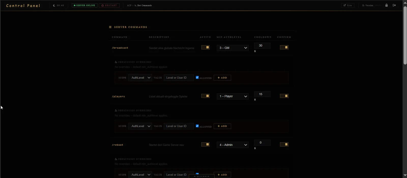 Bot command permissions