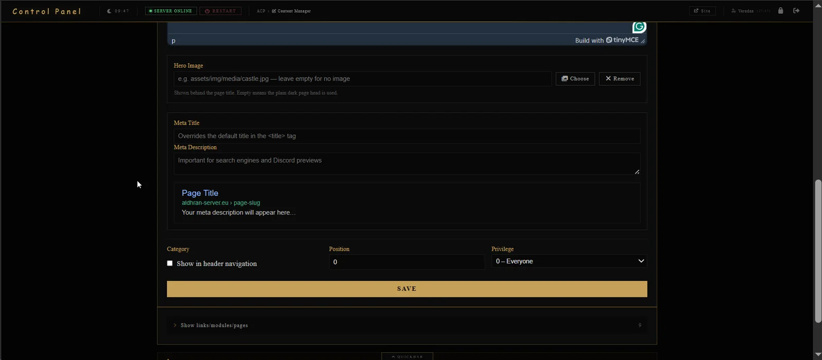 SEO and page settings